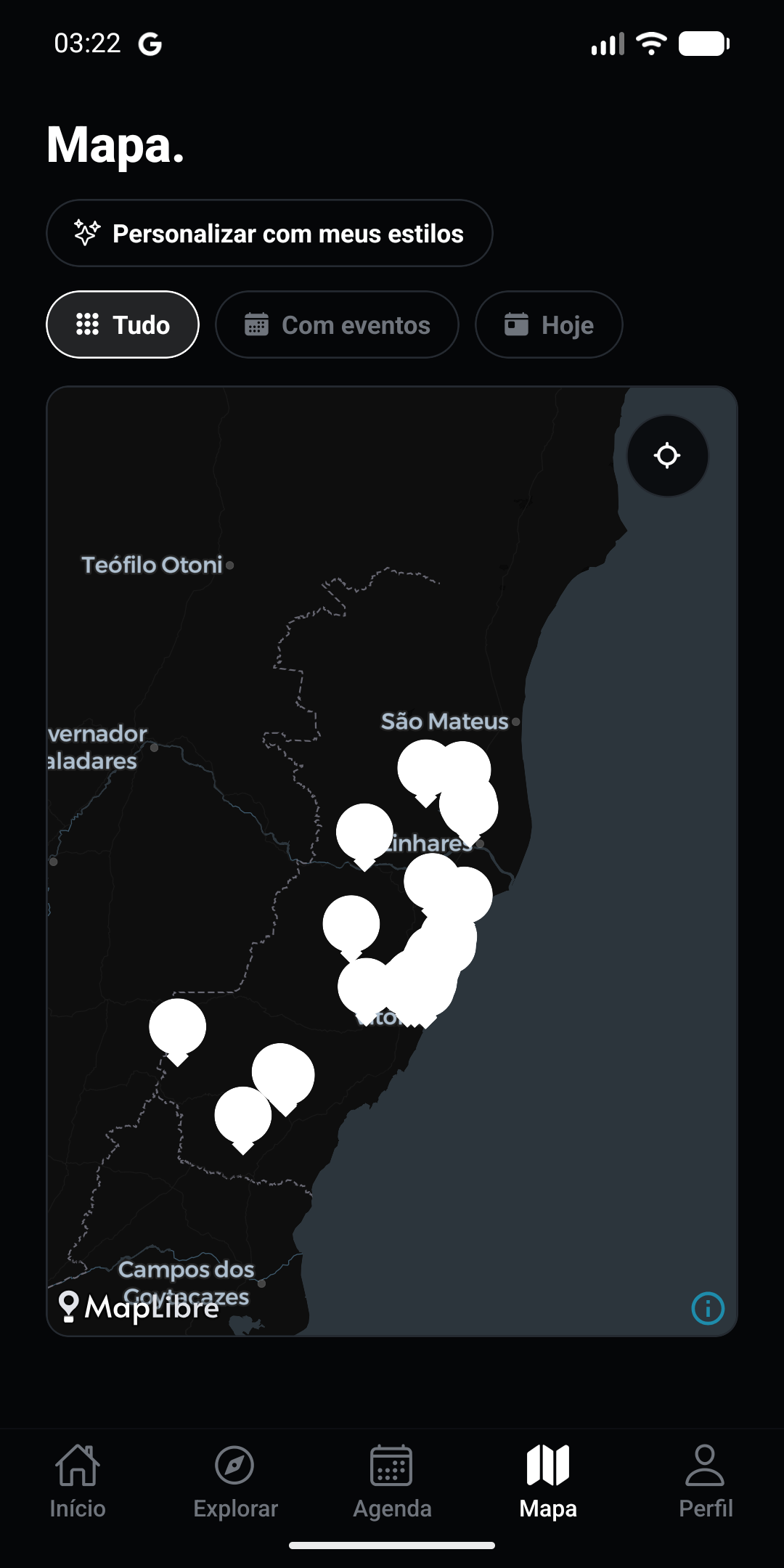 Tela do aplicativo Ponte Cultural com mapa de espaços culturais do Espírito Santo